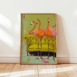 Funny Flamingo Couch Poster, Quirky Tropical Bird Wall Art, Whimsical Animal Print, Bright Pink Flamingos on Sofa Painting