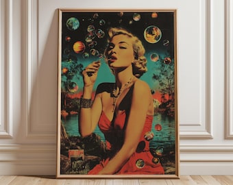 Retro Space Art Poster, Vintage Surreal Collage Print, Cosmic Pop Art Wall Decor