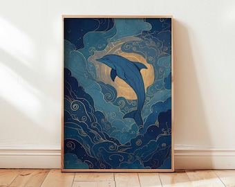 Dolphin Wall Art Print Celestial Ocean Poster Blue Sea Animal Decor Fantasy Night Sky Illustration Unframed Marine Artwork