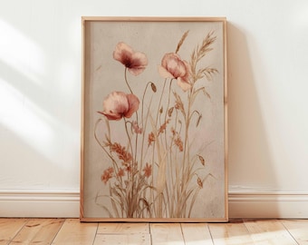Vintage botanische bloemenprint, roze poster met wilde bloemen, rustieke cottagecore-muurkunst, antieke stijl bloemenhuisdecoratie