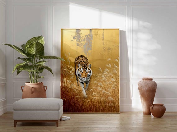 Tiger Wall Art Print, Japanese Golden Grass Poster, Powerful