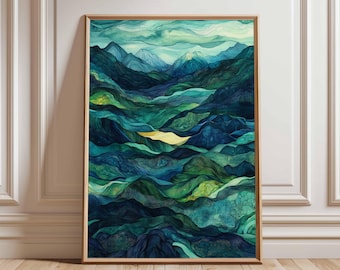 ト*ン様 山の風景 日本画 約70cm x 80cm 抽象的な山の風景画：日本の波の芸術、緑とオレンジ - Etsy 日本