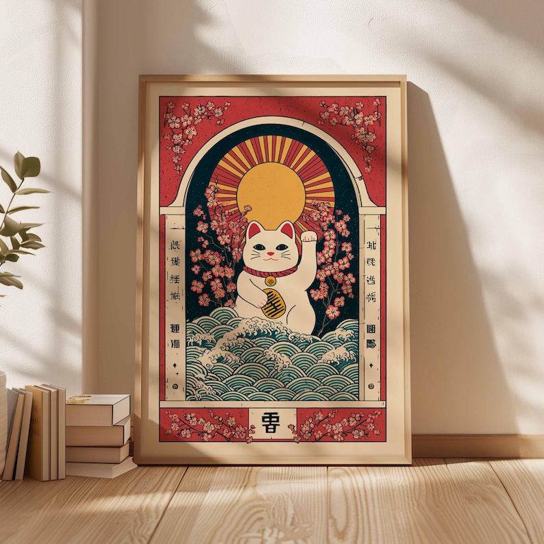 Lucky Cat Poster – Maneki Neko Japanese Wall Art, Vintage Asian Decor ...