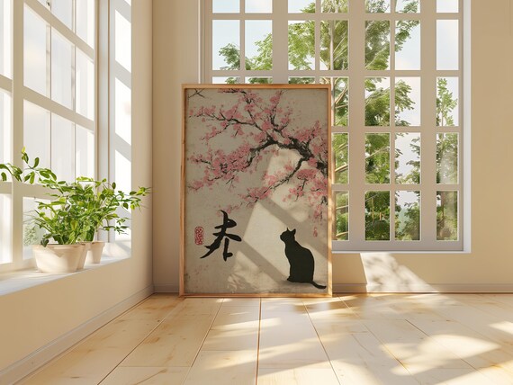Japanese Cat and Cherry Blossom Poster, Minimalist Wall Art, Ukiyo