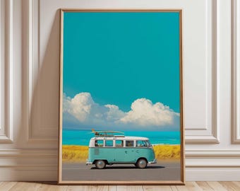 Retro Surf Van Wall Art, Vintage Camper Van Poster, Coastal Beach Print, Surfboard Travel Decor, Summer Road Trip Art for Home or Gift