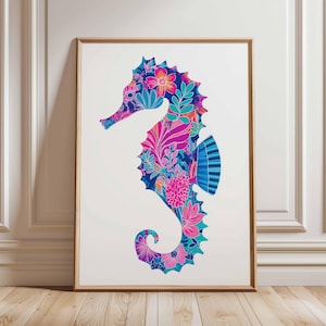 Floral Seahorse Poster, Colorful Ocean Animal Wall Art, Tropical Beach House Decor, Vibrant Coastal Artwork Print for Home