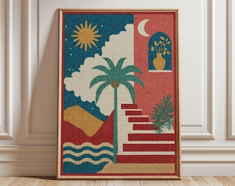 Mediterranean Wall Art, geometric retro poster, palm tree and stairs print, modern boho decor, colorful abstract home artwork