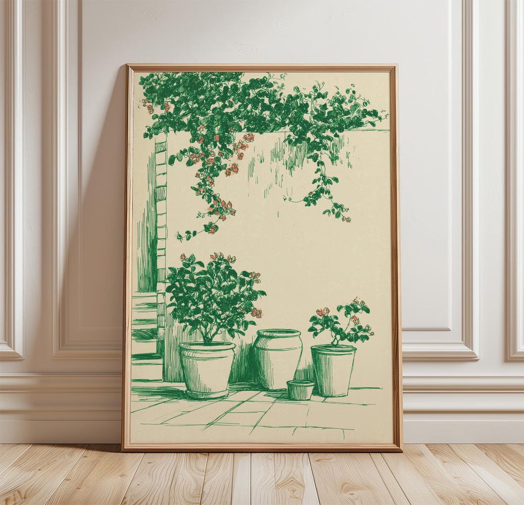Bougainvillea Courtyard Poster, Mediterranean Garden Wall Art Print ...