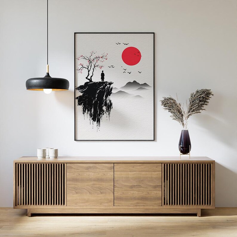 Japanese Style Cliff Landscape Poster | Minimal Ink Art | Red Sun Wall ...