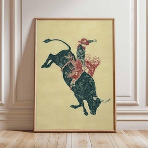 Western Rodeo Bull Rider Poster, Cowboy Bull Riding Art Print, Rustic Western Wall Decor, Vintage Cowboy Wall Art, Country Rodeo Print