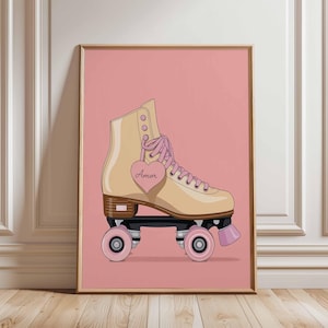 Retro Rollschuh Poster, Pink Pop Art Wanddruck, Vintage Skater Mädchen Dekor, 80er Jahre Ästhetische Kunst, Niedliches Schlafzimmer für Teenager oder Mädchen