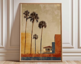 Palm Tree Poster – Retro Coastal Wall Art Print with Tropical House, Vintage Beach Decor, Mid Century Style Landscape Artwork