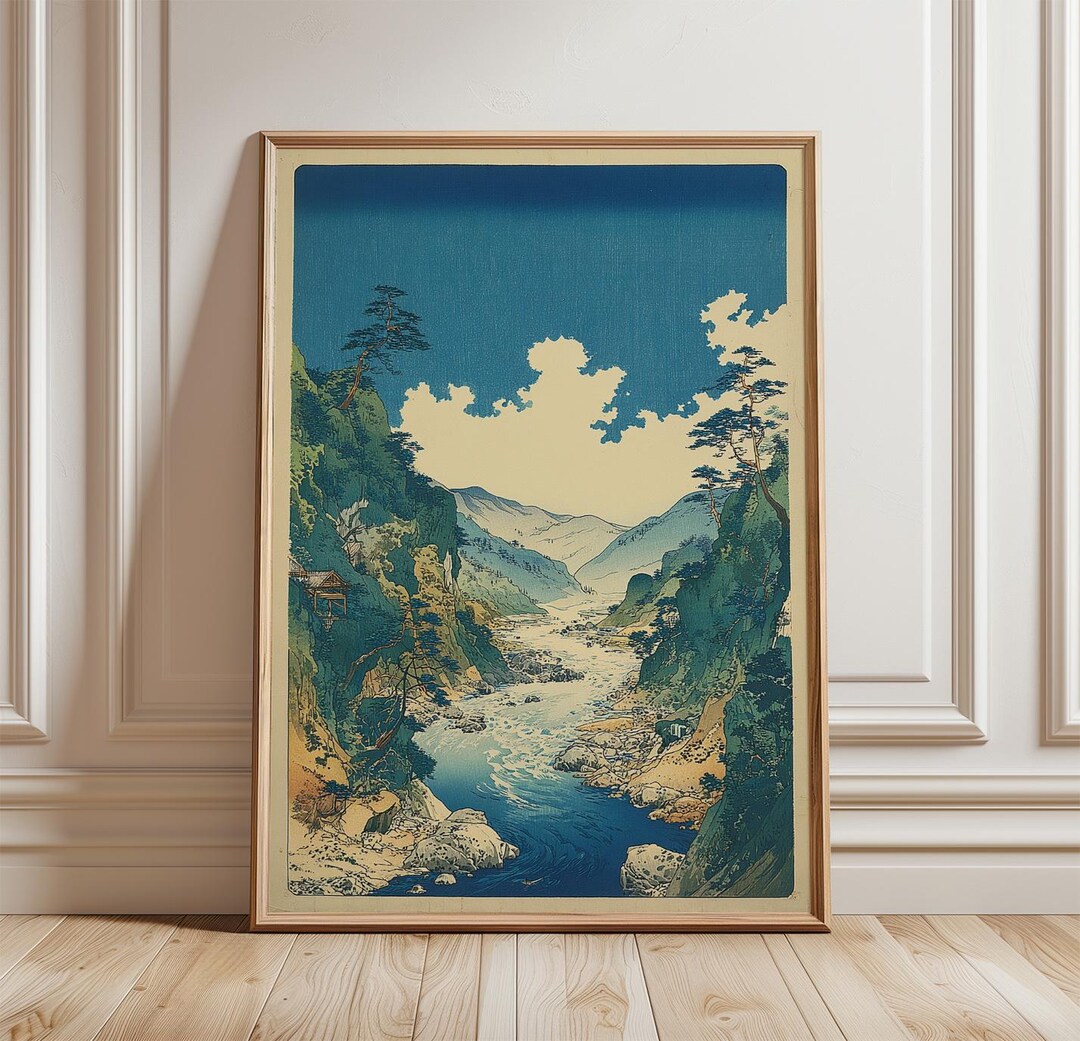 Japanese Landscape Poster | Mountain River Scene Wall Art | Vintage ...