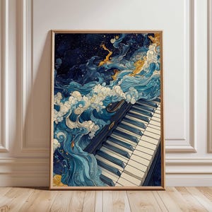 Ocean Waves Piano Poster, Music Wall Art, Abstract Blue Art Print, Surreal Wave Art, Musical Decor, Artistic Piano Print, Ocean Music Art