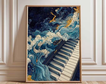 May include: A framed art print depicting a piano keyboard with a stylized representation of ocean waves in blue, white, and gold. The artwork has a dreamy quality, with a dark blue background and a wooden frame.