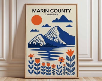 Marin County California Landscape Art Poster, Mid Century Graphic Art, Travel Mountain Wall Decor Unique Gift