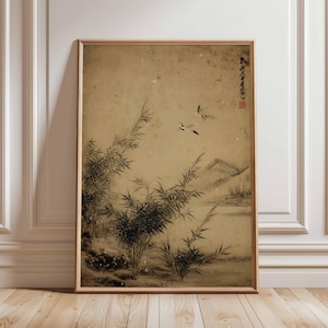 Vintage Japanese Nature Poster, Bamboo and Birds Ink Wash Print, Traditional Zen Landscape Wall Art, Asian River Scene Decor, Unframed