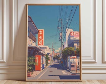 Japanese Street Poster, Retro Japan Wall Art, Urban Cityscape Print