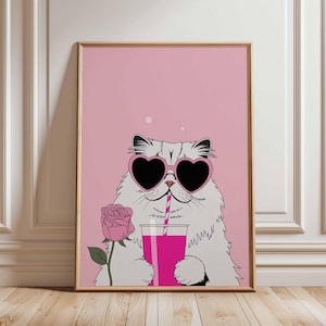 Cool Cat Poster, Pink Cat Wall Art, Heart Glasses Cat Print, Funny Animal Poster, Kawaii Cat Drinking Juice Artwork