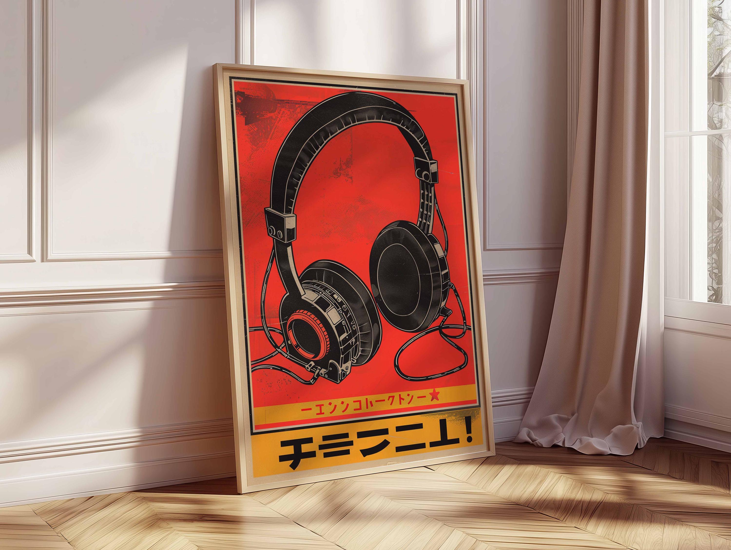 Japanese Headphones Poster, Retro Music Wall Art, Abstract Audio