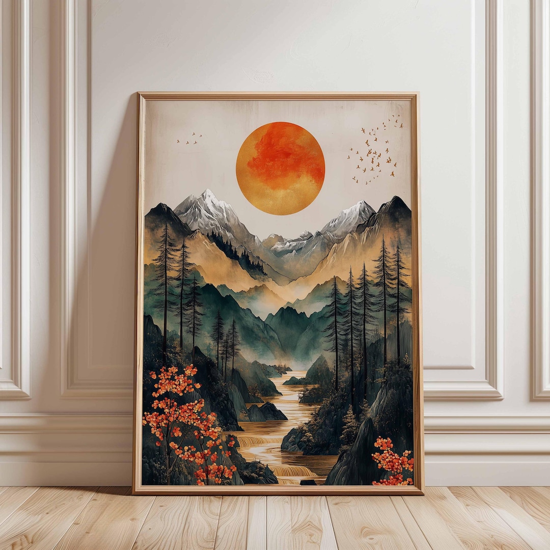 Sun Over Mountain Valley Poster, Japanese Landscape Wall Art
