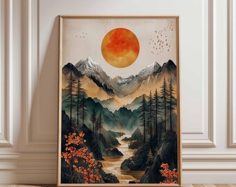 Sun Over Mountain Valley Poster, Japanese Landscape Wall Art