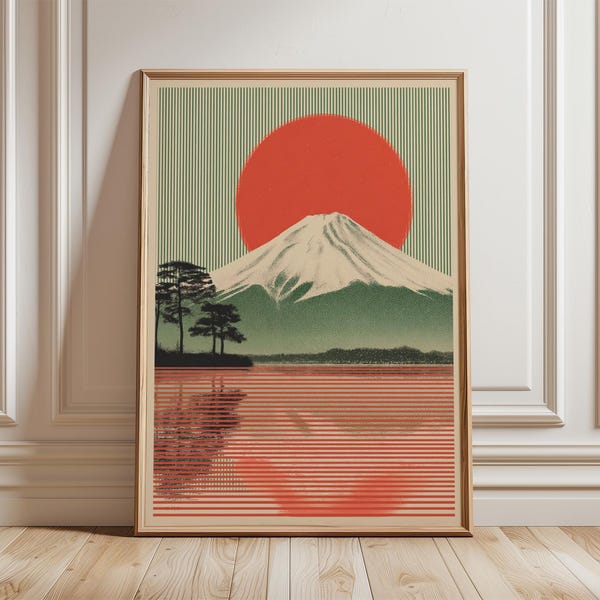 Mount Fuji Landscape Poster, Japanese graphic art print, modern nature wall art
