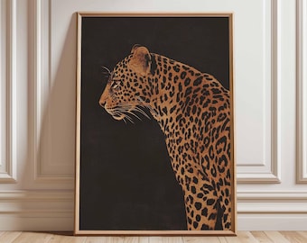 Leopard Profile Wall Art, Bold Jungle Cat Poster Print, Black Background Animal Decor, Safari Wildlife Illustration, Unframed Art