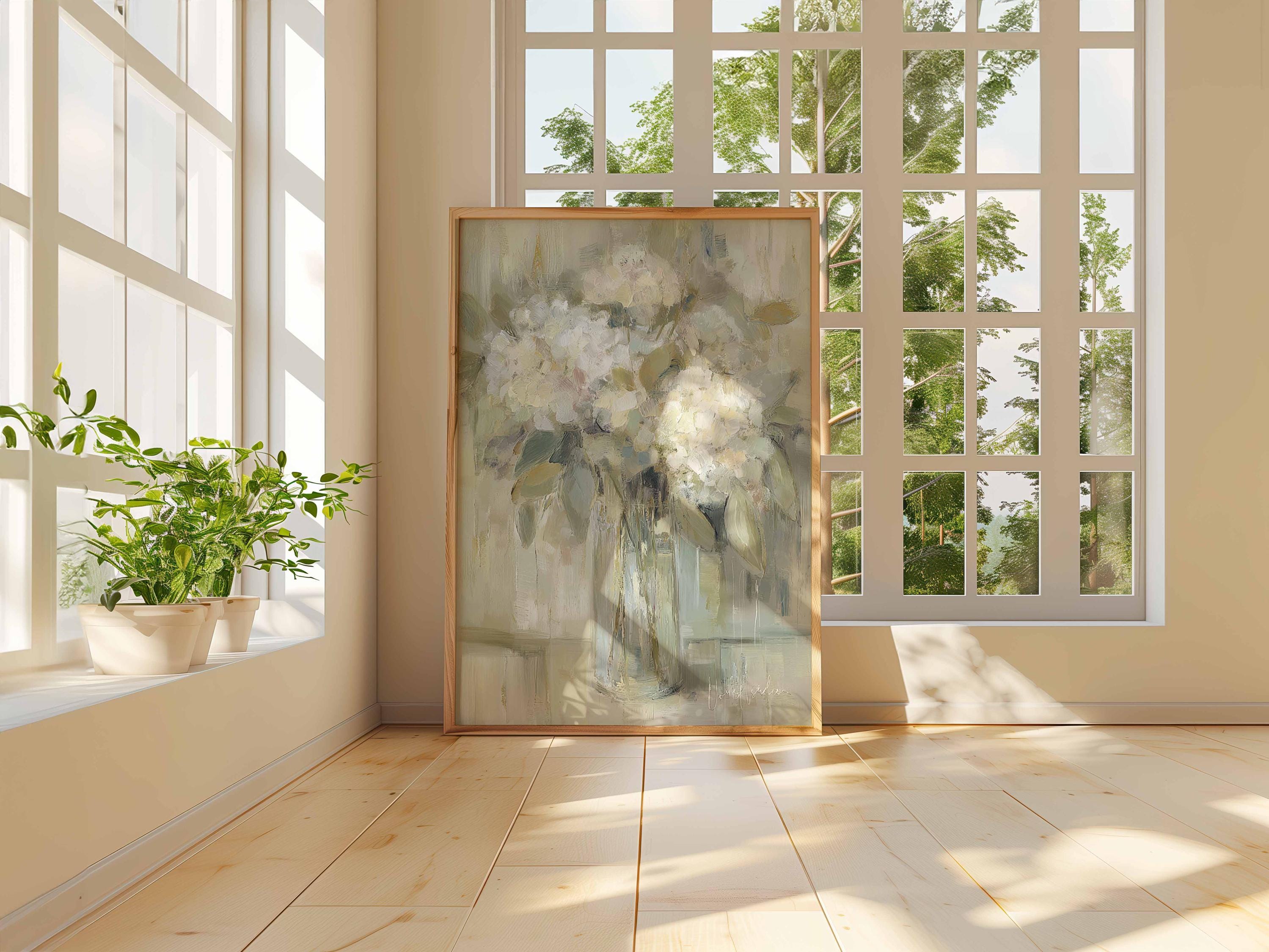 Neutral Floral Wall Art Print, Hydrangea Vase Painting in Soft Beige ...