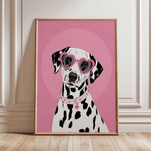 Dalmatian Dog Poster, Pink Wall Art Print, Pop Art Dog Illustration, Cute Dog Room Decor, Heart Glasses Dog Art, Girl Bedroom Poster