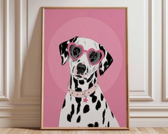 ダルメシアン犬のポスター、ピンクのウォールアートプリント、ポップアートの犬のイラスト、かわいい犬の部屋の装飾、ハート型メガネの犬のアート、女の子の寝室のポスター