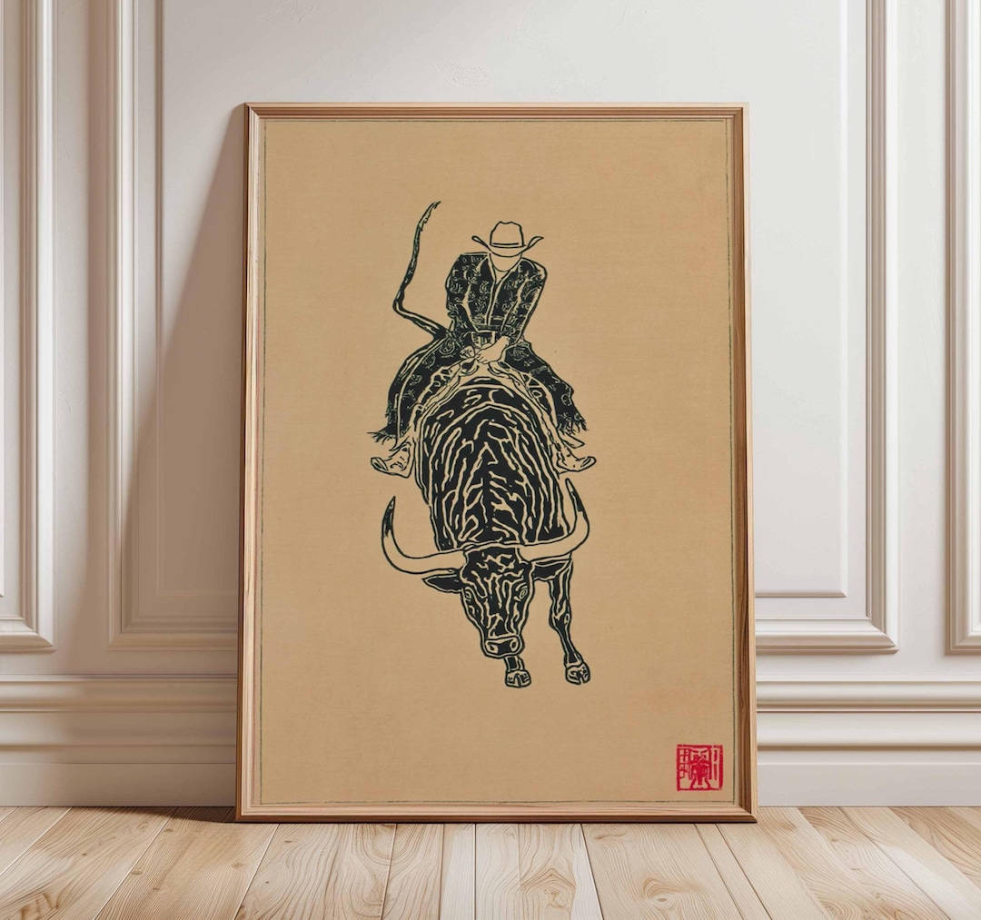 Japanese Rodeo Poster, Cowboy Bull Riding Print, Western Minimalist ...