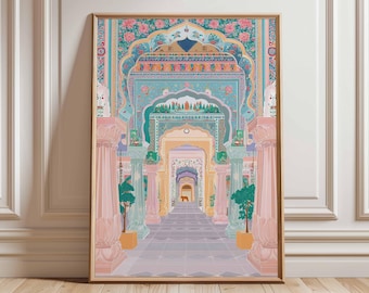 Peut inclure: Une impression d'art encadrée représentant un couloir orné avec des arches et des colonnes. L'œuvre utilise des couleurs rose, turquoise et jaune, avec des motifs floraux et géométriques. L'impression est posée sur un sol en bois contre un mur blanc.