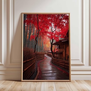 Japanischer Herbstweg Poster, Rote Ahornblätter und Bambuswald Wandkunst, Ruhiger Kyoto Garten Druck