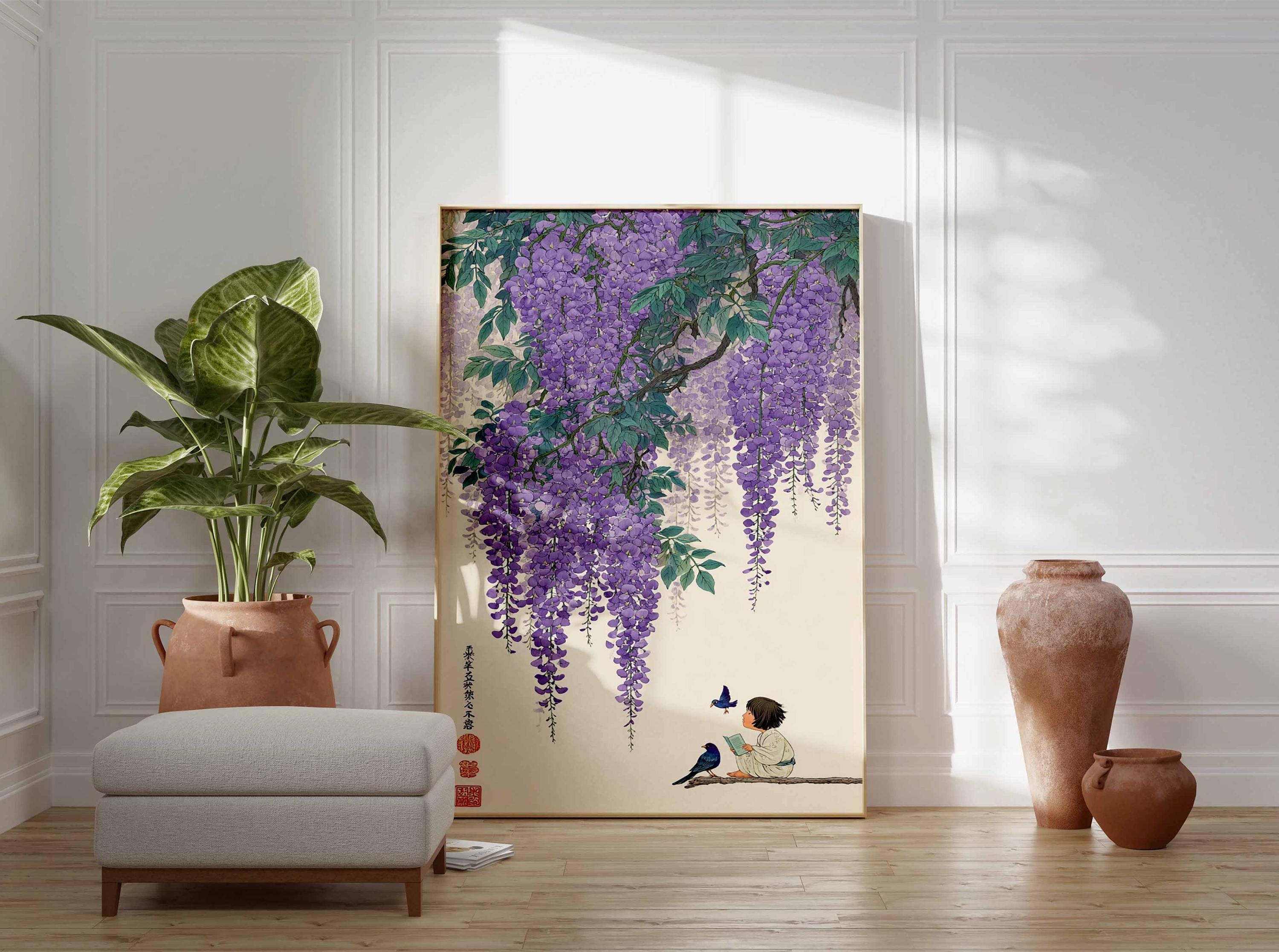 Wisteria Poster Japanese Floral Wall Art  Peaceful Nature Print With  Child, Butterfly & Birds for Zen Home Decor Unframed - Etsy