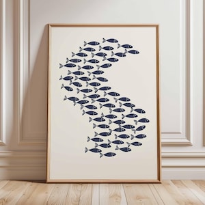 Minimalist Fish Poster – Nautical Ocean Wall Art, Coastal Beach House Print, Modern Blue School of Fish Illustration, Sea Life Home Decor