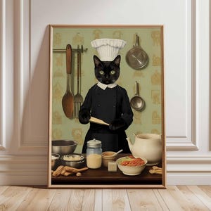 Chef Cat Poster, Funny Kitchen Wall Art, Black Cat Cooking Print