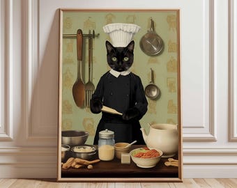 Chef Cat Poster, Funny Kitchen Wall Art, Black Cat Cooking Print