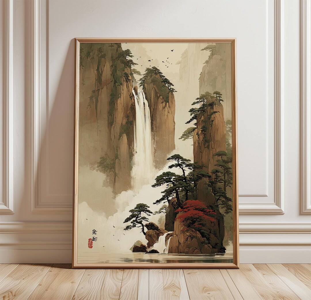 Japanese Waterfall Poster, Traditional Landscape Wall Art Print ...