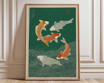 May include: Framed art print featuring a traditional Japanese woodblock print style. The artwork depicts four koi fish in shades of orange, white, and red against a deep green background. The fish are swimming in stylized water, with Japanese text in the upper left corner.