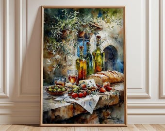 Tuscan Bread And Olives Poster, rustic Italian kitchen wall art print watercolor style