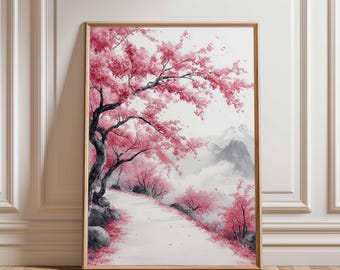 Cherry Blossom Path Wall Art, Japanese Sakura Landscape Poster, Pink Tree Nature Print for Elegant Home Decor