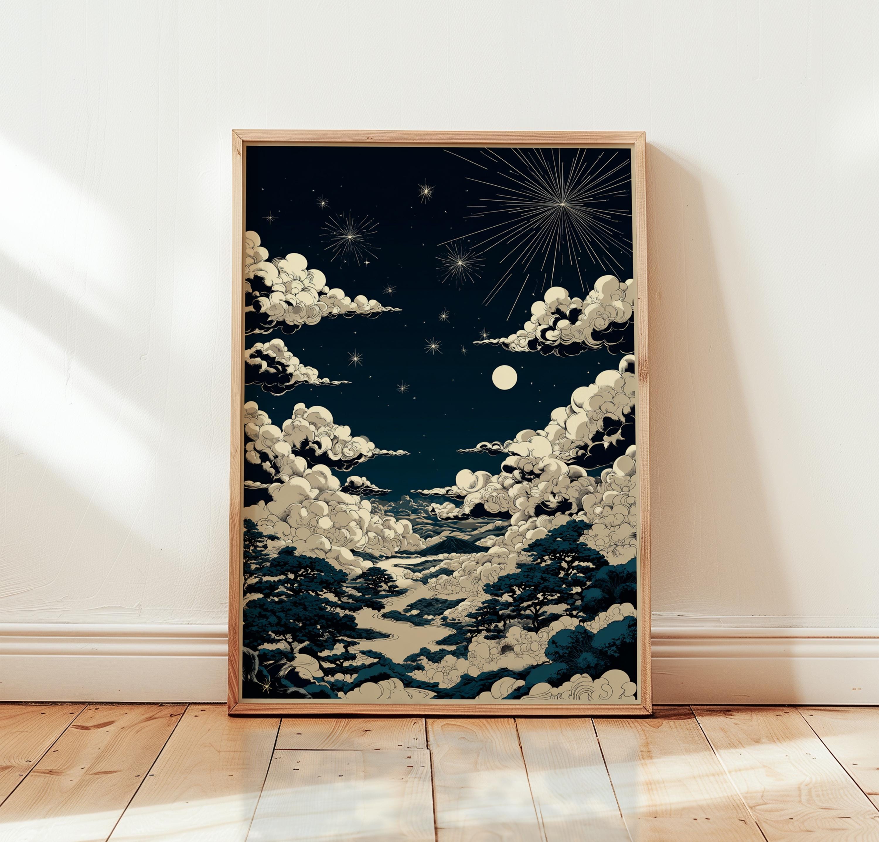 Night Sky Wall Art Poster Moon Clouds Celestial Illustration Dark Blue ...
