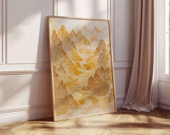 Golden Japanese Mountain Wall Art, Zen Landscape Poster, Minimal