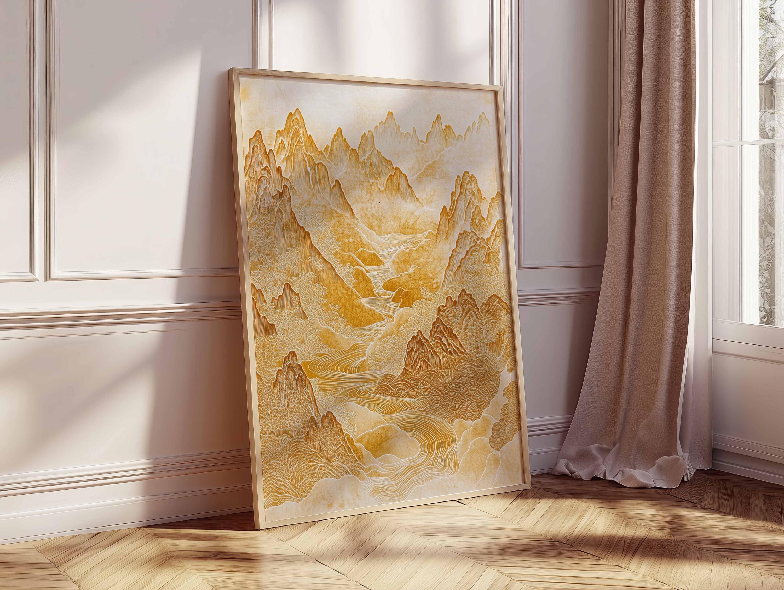 Golden Japanese Mountain Wall Art, Zen Landscape Poster, Minimal