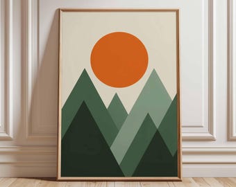 Geometric Mountain Sunset Poster, Retro Minimalist Landscape Wall Art, Vintage Mid Century Modern Nature Print for Home Decor
