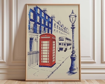 London Red Telephone Box Poster – Iconic British Street Scene Wall Art with Double Decker Bus & Classic UK Travel Print