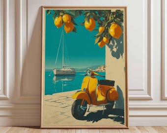 Retro Italienischer Vespa Roller Kunstdruck, Vintage Amalfi Küste Reise Poster, Gelbes Küsten Dekor