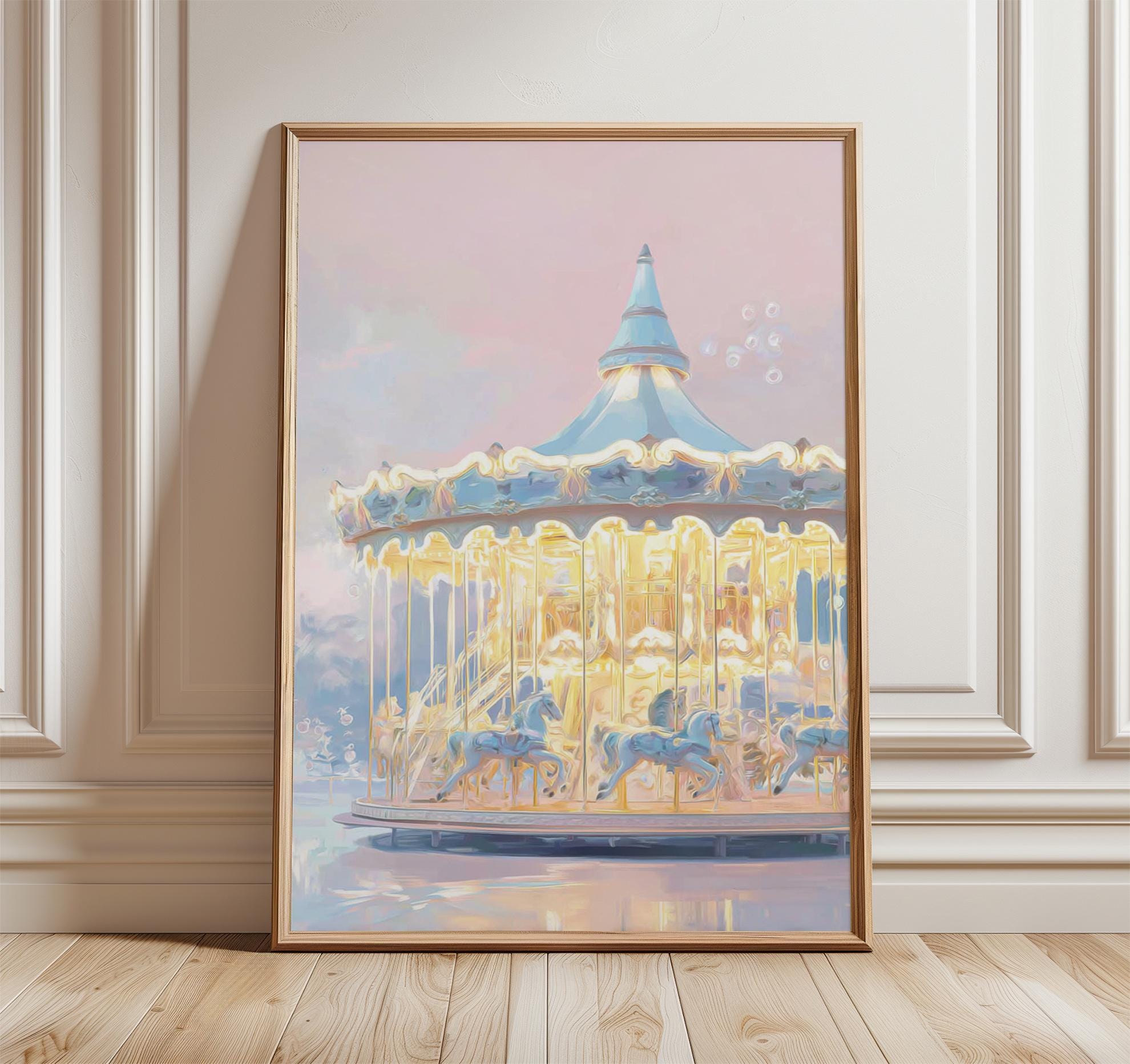 Vintage Carousel Art Print, Pastel Nursery Wall Decor, Dreamy Blue Pink ...