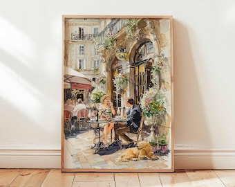 Cherry Blossom Café Wall Art Print Spring Coffee Shop Poster Pastel Outdoor Scene Unframed French Patio Decor Whimsical Artwork
